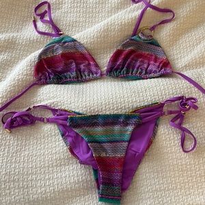Beach Bunny Purple Multicolor Knit-Trim Triangle Bikini